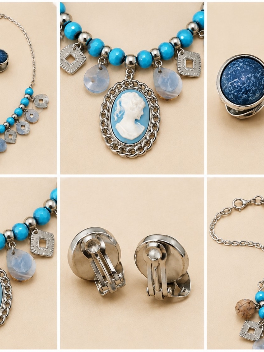 Blue Cameo Pendant Necklace and Earrings Set - Women Jewelry
